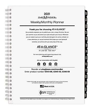 AT-A-GLANCE® DayMinder Executive Weekly/Monthly Refill For G545 Planners, 7" x 8-3/4", January to December 2021, G54550