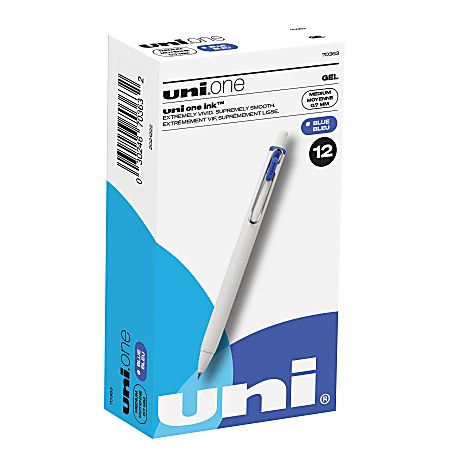 Uni-Ball® One Retractable Gel Pens, Medium Point, 0.7 mm, White Barrel, Blue Ink, Pack Of 12 Pens