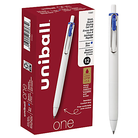 Uni-Ball® One Retractable Gel Pens, Medium Point, 0.7 mm, White Barrel, Blue Ink, Pack Of 12 Pens