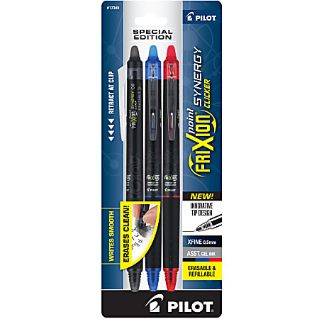 Pilot FriXion Synergy Clicker Erasable Retractable Gel Pens Extra Fine Point  0.5 mm Black Barrel Assorted Ink Pack Of 3 Pens - Office Depot