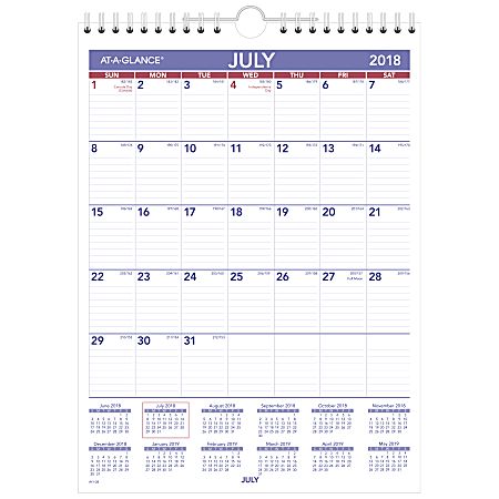 AT-A-GLANCE® Academic Monthly Wall Calendar, 8" x 11", 30% Recycled, Red/Blue, July 2018 to June 2019