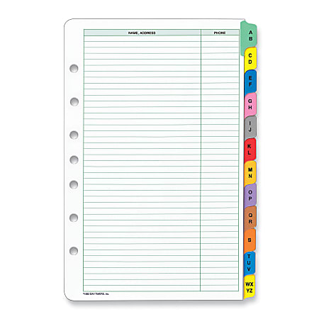 Day-Timer® Organizer Accessory, Address/Phone Directory, 5 1/2" x 8 1/2", 12 Tabbed Sheets