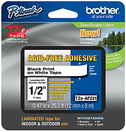 Brother® TZ-AF231 Black-On-White Tape, 0.5" x 26.2'