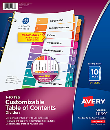 Avery® Ready Index® 1-10 Tab Binder Dividers With Customizable Table Of Contents, 8-1/2" x 11", 10 Tab, White/Multicolor, Box Of 24 Sets