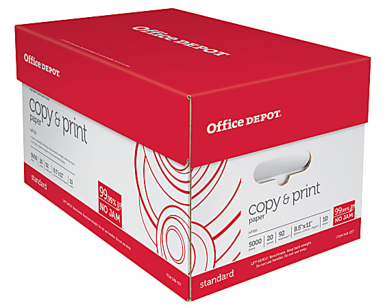 Office Depot® Multi-Use Printer & Copy Paper, White, Letter (8.5" x 11"), 5000 Sheets Per Case, 20 Lb, 92 Brightness, Case Of 10 Reams