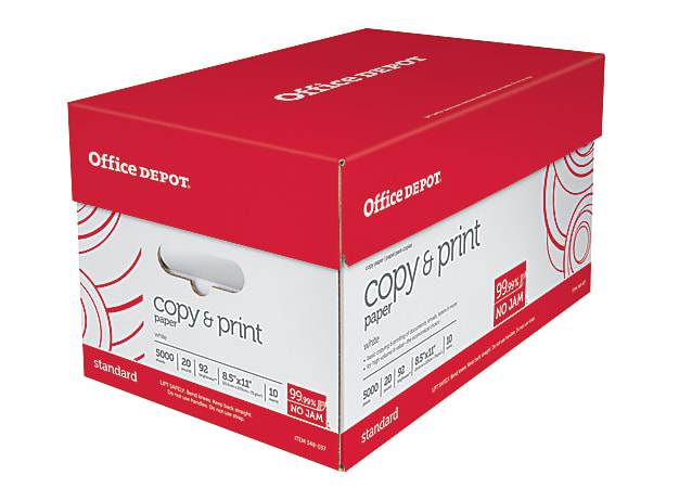 Office Depot White Copy Paper, 8 1/2in. x 11in., 20 Lb, 500 Sheets Per  Ream, Case Of 10 Reams, 40402786