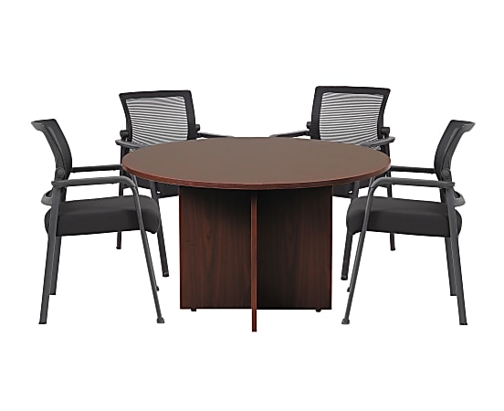 Boss Office Products 47" Round Table And Mesh Guest Chairs Set, Mahogany/Black