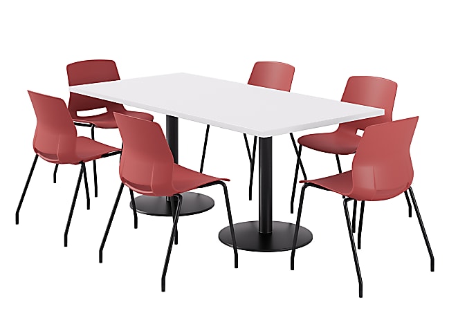 KFI Studios Proof Rectangle Pedestal Table With Imme Chairs, 31-3/4”H x 72”W x 36”D, Designer White Top/Black Base/Coral Chairs