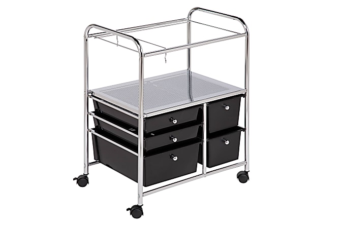 Honey-Can-Do 5-Drawer Plastic/Steel Hanging File Rolling Office Cart, 38 1/2"H x 21 1/2"W x 15 1/4"D, Chrome/Black