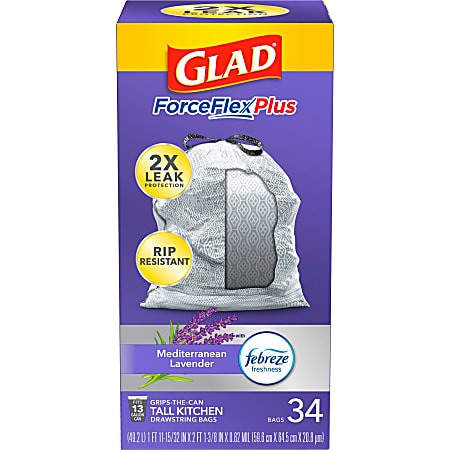 Glad® ForceFlex® Tall Trash Bags, 13 Gallons, 24" x 24", White, Pack Of 34