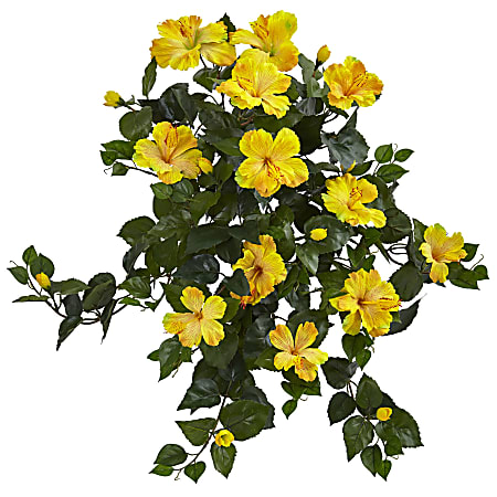 Nearly Natural Hibiscus 24" Artificial Hanging Plants, Yellow, Set Of 2 Plants