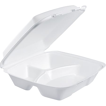Dart Large Carryout Foam Trays, 3 Compartments, 9" x 9", White, Pack Of 100