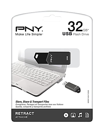 PNY Retract USB 2.0 Flash Drives, 32GB, Black/Gray, Pack Of 20