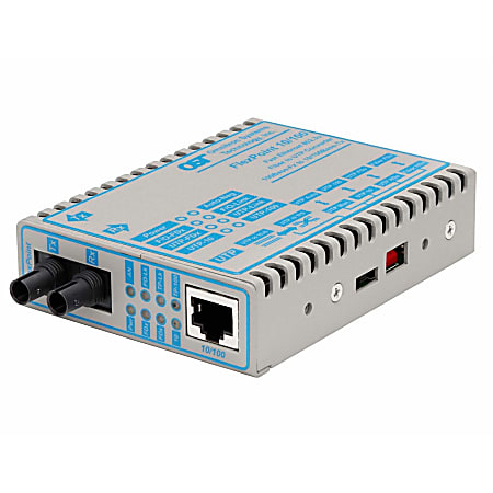 Omnitron FlexPoint 10/100 Ethernet Fiber Media Converter RJ45 ST Multimode 5km Wide Temp - 1x 10/100BASE-TX; 1x 100BASE-FX; DC Powered - 4342-9W