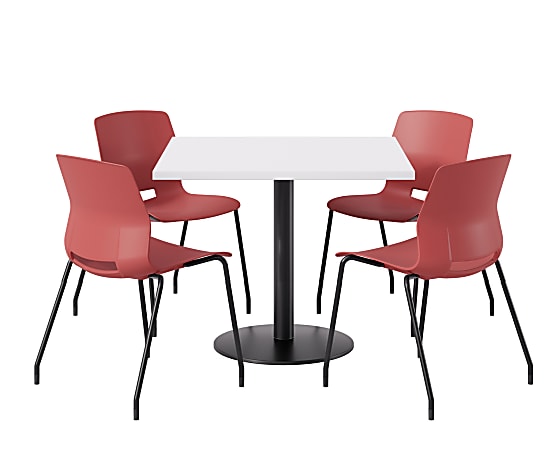 KFI Studios Proof Cafe Pedestal Table With Imme Chairs, Square, 29”H x 42”W x 42”W, Designer White Top/Black Base/Coral Chairs
