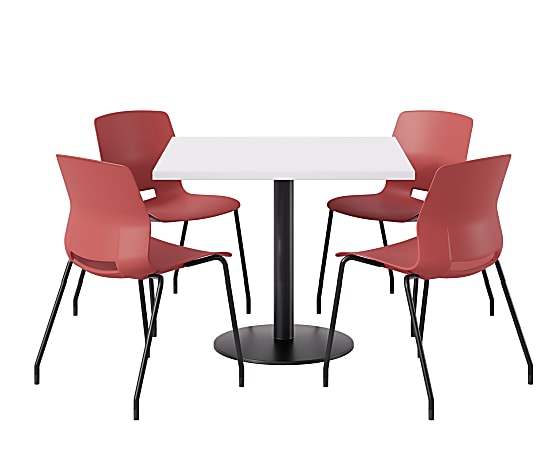 KFI Studios Proof Cafe Pedestal Table With Imme Chairs, Square, 29”H x 42”W x 42”W, Designer White Top/Black Base/Coral Chairs
