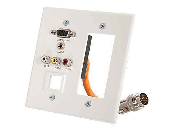 C2G RapidRun Double Gang Integrated VGA (HD15) + 3.5mm + Composite Video + Stereo Audio + Keystone + Decorative Style Wall Plate - White - Mounting plate - HD-15, RCA X 3, mini-phone stereo 3.5 mm - white - 2-gang