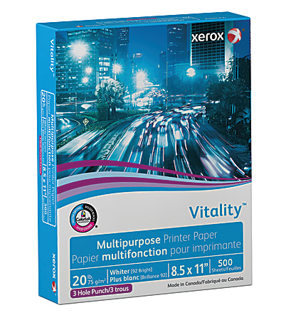 Xerox® Vitality™ 3-Hole Punched Multi-Use Printer & Copy Paper, 1 Ream, White, Letter Size, 500 Sheets Per Ream, 20 Lb, 92 Brightness - 3R2641RM