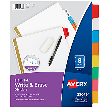 Avery® Big Tab™ Write-On Tab Dividers With Erasable Laminated Tabs, 8-Tab, Multicolor