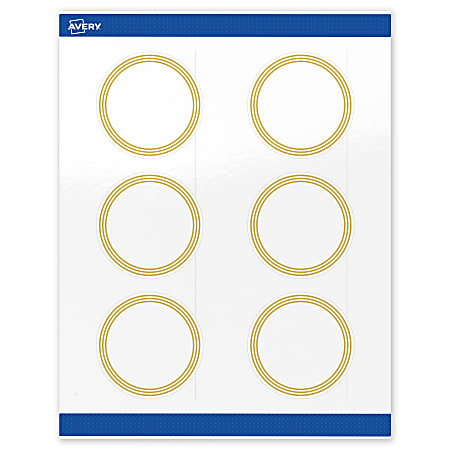 Avery® Print-To-The-Edge Labels & Sure Feed®, S00-DHH-PRWGP10, 3" Round, Glossy White, Preprinted Multi-Lined Gold Border Design, Pack Of 60