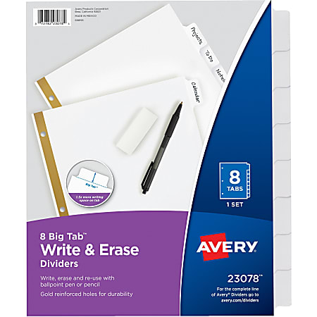 Avery® Big Tab™ Write-On Tab Dividers With Erasable Laminated Tabs, 8-Tab, White