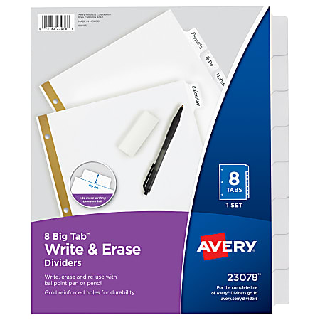 Avery® Big Tab™ Write-On Tab Dividers With Erasable Laminated Tabs, 8-Tab, White