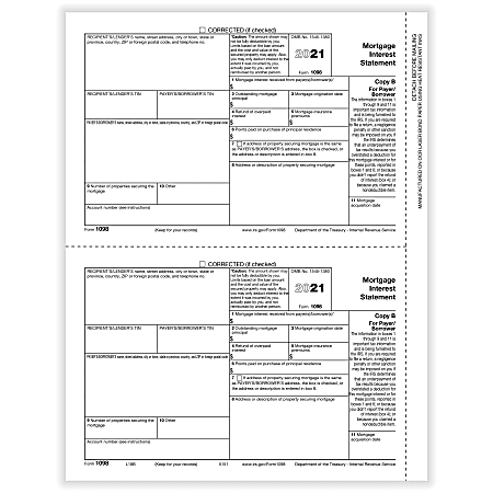 ComplyRight™ 1098 Tax Forms, 2-Up, Payer/Borrower Copy B, Laser, 8-1/2" x 11", Pack Of 100 Forms