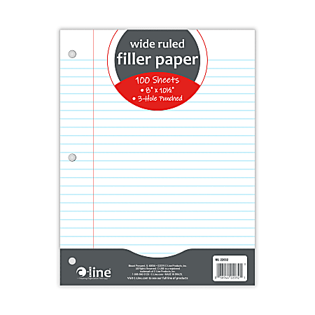 C-Line Filler Paper, 8” x 10-1/2”, Wide Rule, 100 Sheets Per Pack, White, Case Of 36 Packs