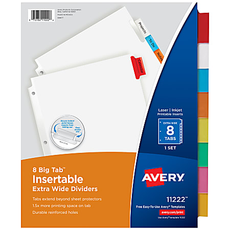 Avery® Big Tab™ Extra-Wide Insertable Dividers, Clear Reinforced, White/Multicolor, 8-Tab