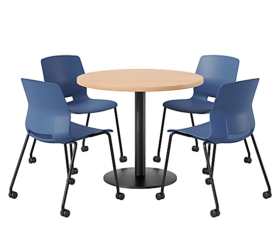 KFI Studios Proof Cafe Round Pedestal Table With Imme Caster Chairs, Includes 4 Chairs, 29”H x 36”W x 36”D, Maple Top/Black Base/Navy Chairs