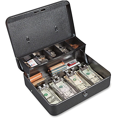 FireKing Stop Hinge Design Locking Cash Box - Key Lock - for Money, Coin - Overall Size 4" x 11.8" x 10" - Black, Silver, Black - Plastic, Steel, Plastic