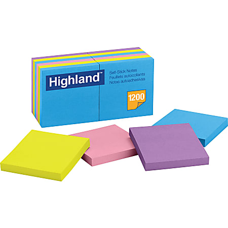 Highland™ Self-Stick Notes, 3" x 3", Assorted Bright Colors, 100 Sheets Per Pad, Pack Of 12 Pads