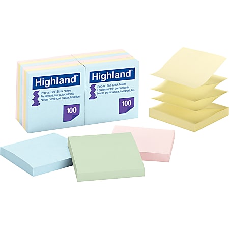Highland Self-Sticking Pop-up Notes, 3" x 3", Assorted, Pack of 12 Pads