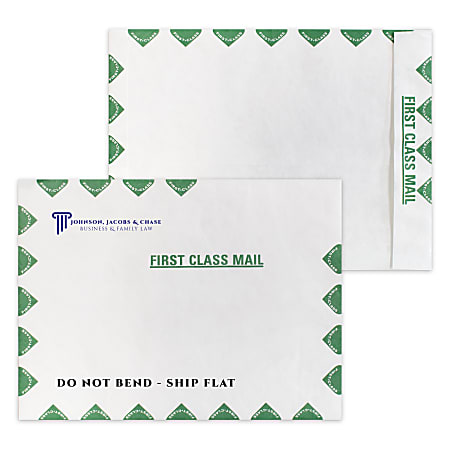 Custom 2-Color, Zip Stick® DuPont™ Tyvek® White Mailing Envelopes With Green First Class Border, 9" x 12", Open End, Box of 500