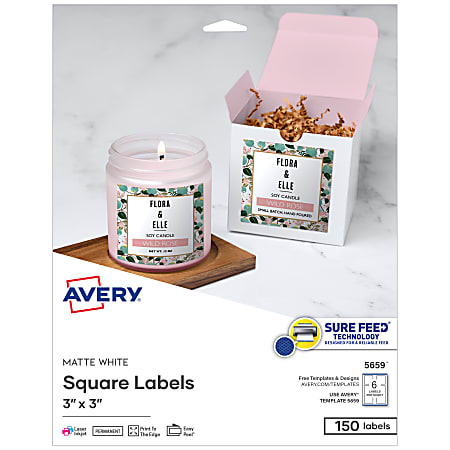 Avery® Printable Labels With Sure Feed®, Square, 3" x 3", Matte White, Pack Of 150
