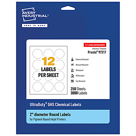 Avery® Ultra Duty® Permanent GHS Chemical Labels, 97217-WMUI250, Round, 2" Diameter, White, Pack Of 3,000