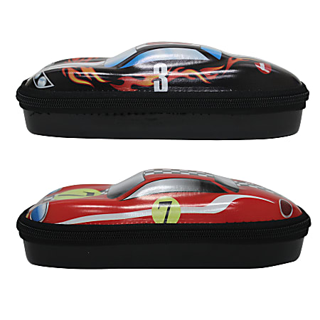 Inkology Race Car Pencil Case, 9 1/2"H x 3"W x 3"D, Red/Black