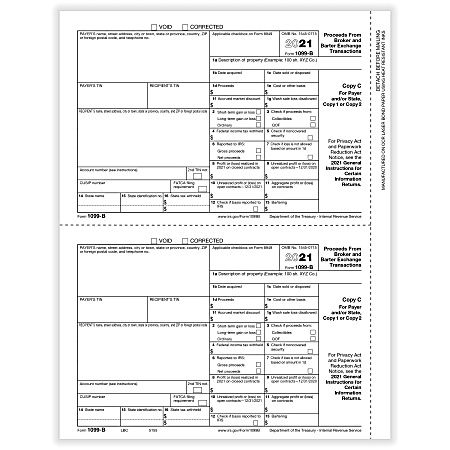 ComplyRight™ 1099-B Tax Forms, 2-Up, Payer Copy C and/or State/Copy 1, 2, Laser, 8-1/2" x 11", Pack Of 100 Forms