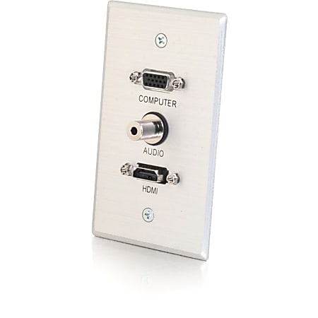 C2G HDMI, VGA and 3.5mm Audio Pass Through Wall Plate Single Gang Brushed Aluminum - 1-gang - Brushed Aluminum - Aluminum - 1 x HDMI Port(s) - 1 x Mini-phone Port(s) - 1 x VGA Port(s)