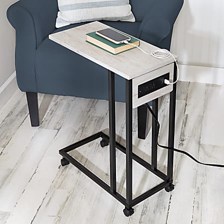 Honey Can Do C-Shaped Side Table With Outlets And Wheels, 25”H x 10”W x 20”D, Gray/Black