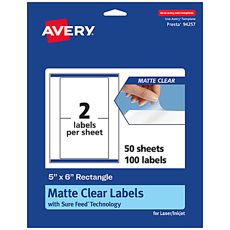 Avery® Permanent Labels With Sure Feed®, 94257-CMF50, Rectangle, 5" x 6", Matte Clear, Pack Of 100