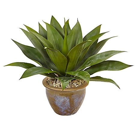Nearly Natural Agave 14”H Artificial Plant With Glazed Clay Pot, 14”H x 15”W x 15”D, Green