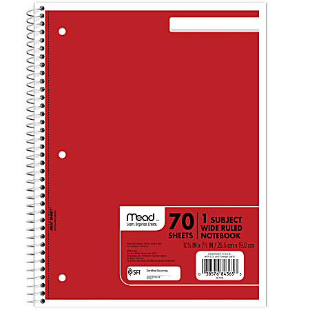 Mead Spiral Notebooks, 7-1/2" x 10-1/2", 1 Subject, Wide Ruled, 70 Sheets, Assorted Colors, Pack Of 6 Notebooks