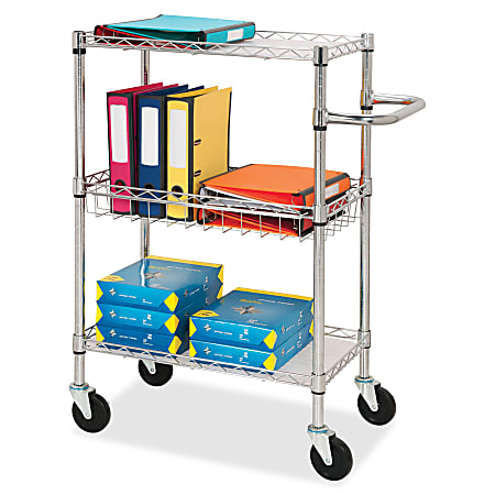 Lorell® 3-Tier Steel Rolling Cart, 16"W x 26"D x 40"H, Chrome