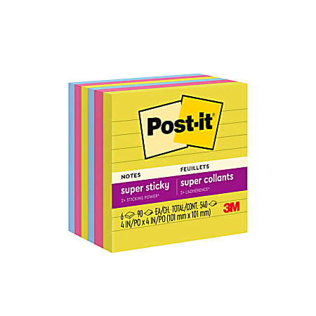 Post-it® Super Sticky Notes, 6 Pads, 4 in x 4 in, 2x the Sticking Power, School Supplies and Office Products, Sticky Notes  - 6756SSJOY