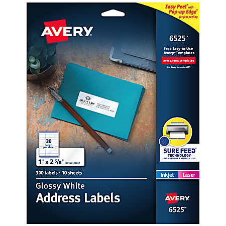 Avery® Address Labels With Sure Feed® And Easy Peel® Technology, 6525, Rectangle, 1" x 2-5/8", Glossy White, Pack Of 300
