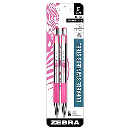 Zebra® F-301 Stainless Steel Retractable Ballpoint Pens, Breast Cancer Awareness, Medium Point, 1.0 mm, Silver/Pink Barrel, Black Ink, Pack Of 2