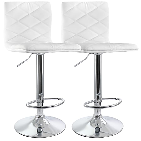 Elama Adjustable Diamond-Tufted Faux Leather Bar Stools, White/Chrome, Set Of 2 Stools