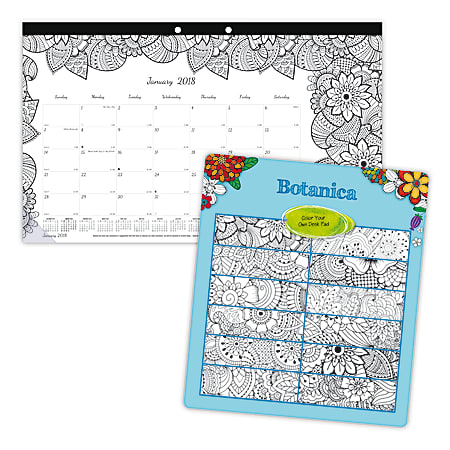 Blueline® DoodlePlan™ Monthly Coloring Desk Pad, 17 3/4" x 10 7/8", Botanica Design, January to December 2018 (C2917001-18)