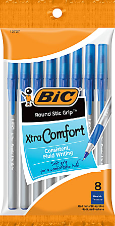 BIC Round Grip Stick, Pack Of 8, Medium Point, Blue